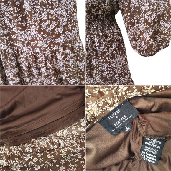 Vintage 90s Flower&Feather Prairie Dress -L Floral Tiered Ruffles Keyhole Brown - Picture 9 of 11
